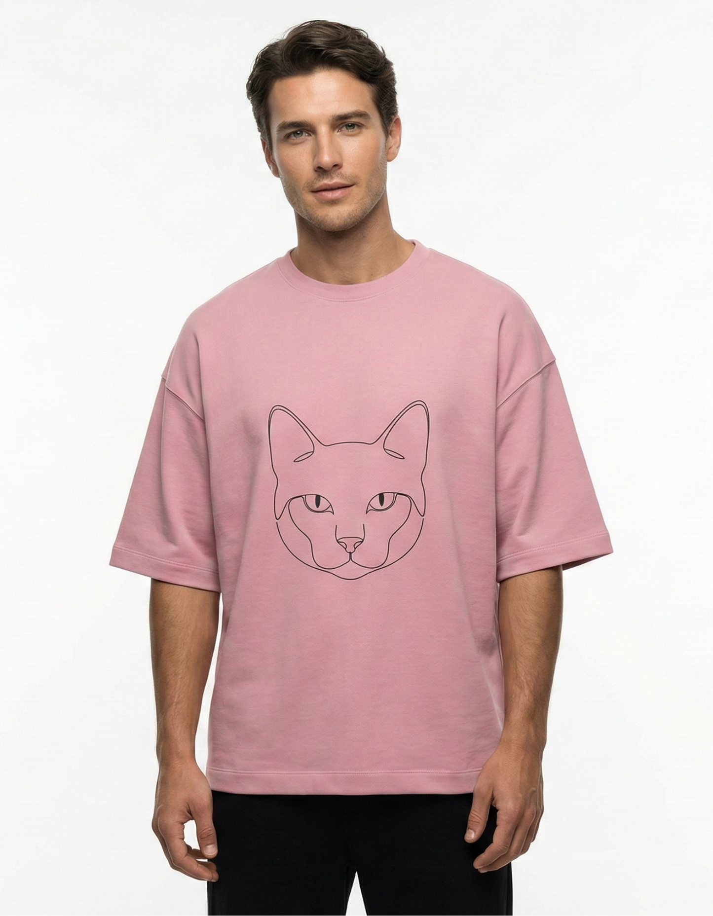 Black Cat Minimalist Outline - Unisex Terry Oversized Tee