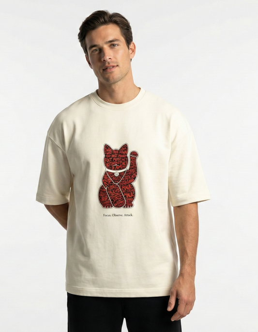 Focus. Observe. Attack. (Maneki-Neko) - Unisex Terry Oversized Tee