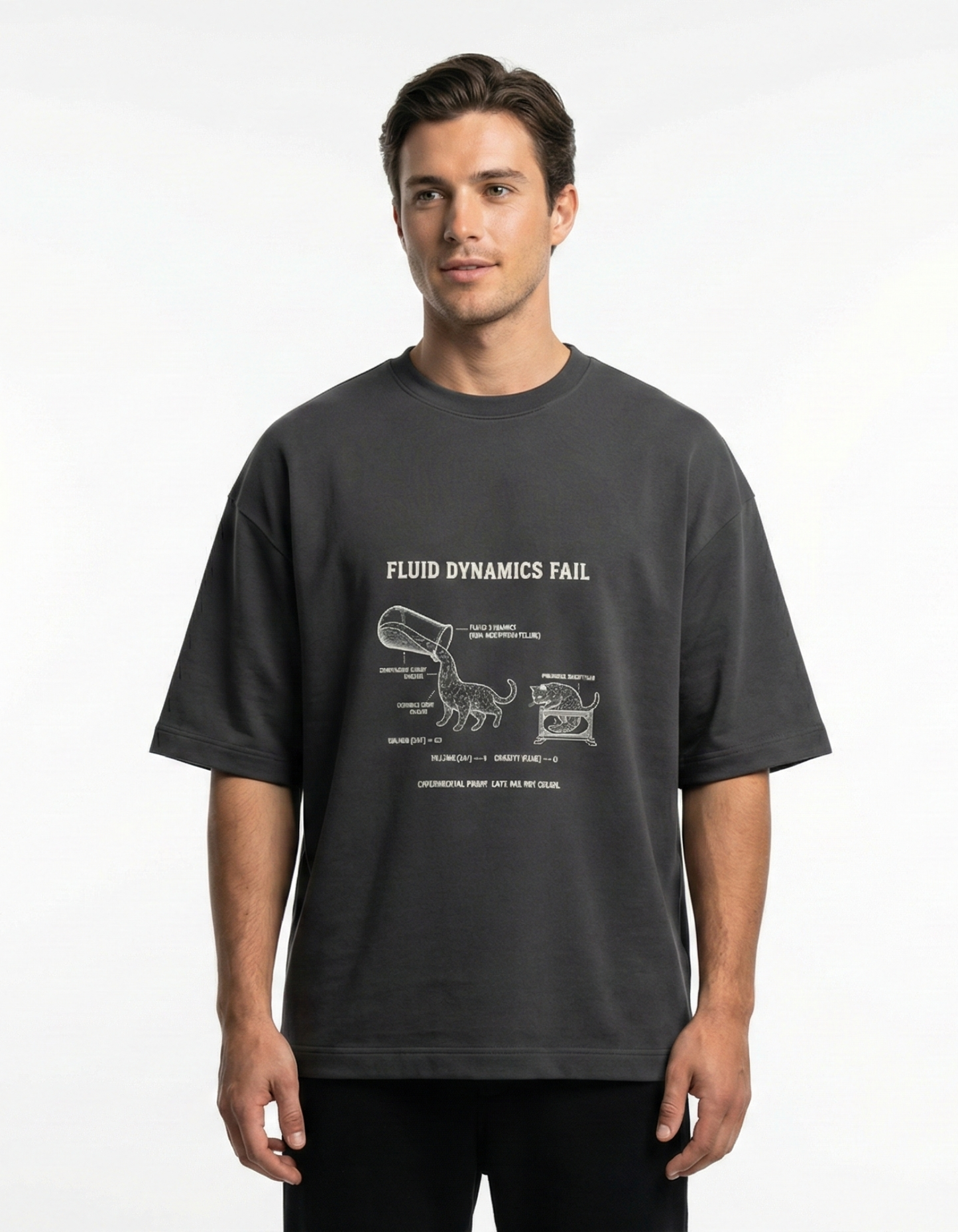Fluid Dynamics Fail (Cats Are Not Solids) - Unisex Terry Oversized Tee