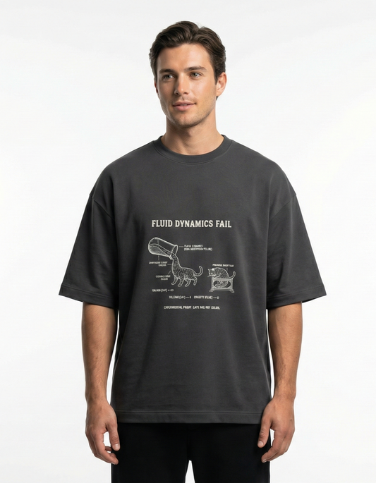 Fluid Dynamics Fail (Cats Are Not Solids) - Unisex Terry Oversized Tee