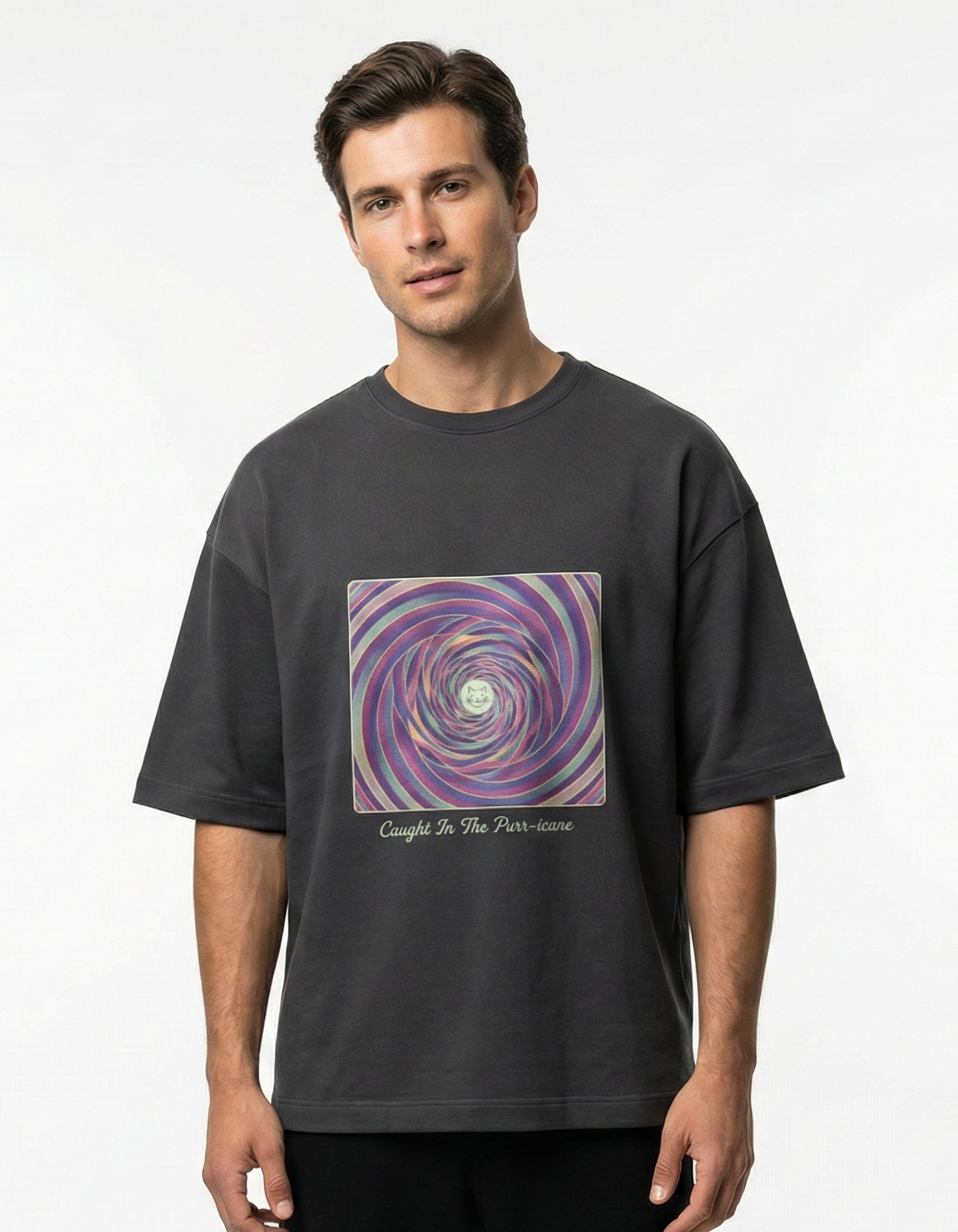 Caught In The Purr-icane Cat - Unisex Terry Oversized Tee