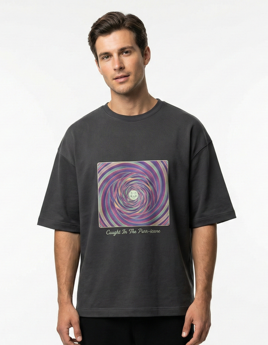 Caught In The Purr-icane Cat - Unisex Terry Oversized Tee